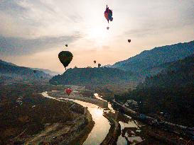 Aerial View Of The First International Hot Air Balloon Festival In Pokhara, Nepal