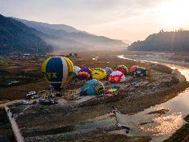 Aerial View Of The First International Hot Air Balloon Festival In Pokhara, Nepal