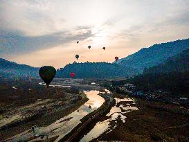 Aerial View Of The First International Hot Air Balloon Festival In Pokhara, Nepal