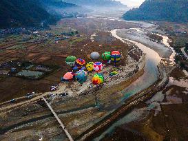 Aerial View Of The First International Hot Air Balloon Festival In Pokhara, Nepal