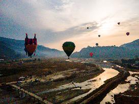 Aerial View Of The First International Hot Air Balloon Festival In Pokhara, Nepal