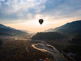 Aerial View Of The First International Hot Air Balloon Festival In Pokhara, Nepal