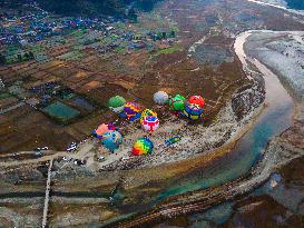 Aerial View Of The First International Hot Air Balloon Festival In Pokhara, Nepal