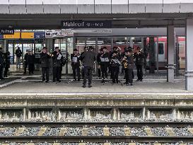 Brass Band At Bavarian Train Station On Christmas Eve