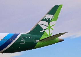 Saudia Boeing 787 2024 National Day Livery Landing in Barcelona