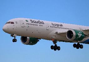 Saudia Boeing 787 2024 National Day Livery Landing in Barcelona