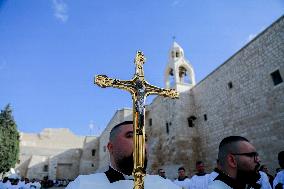 Latin Patriarch of Jerusalem Leads Christmas Eve Mass at the Church of the Nativity in Bethlehem - West Bank