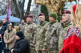 Ukraines coat of arms made of didukhs installed in Lviv