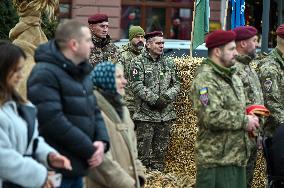 Ukraines coat of arms made of didukhs installed in Lviv