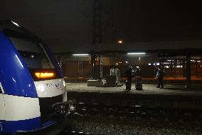 Train Station Buchloe In Bavaria At Night