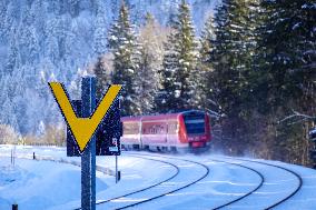 Deutsche Bahn Regional Train RE7 In Oberstaufen, Bavaria In Snowy Winter