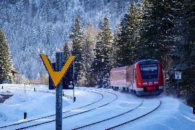 Deutsche Bahn Regional Train RE7 In Oberstaufen, Bavaria In Snowy Winter