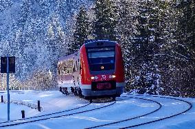 Deutsche Bahn Regional Train RE7 In Oberstaufen, Bavaria In Snowy Winter