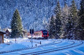 Deutsche Bahn Regional Train RE7 In Oberstaufen, Bavaria In Snowy Winter