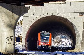 Deutsche Bahn Regional Train RE7 In Oberstaufen, Bavaria In Snowy Winter