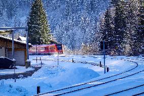 Deutsche Bahn Regional Train RE7 In Oberstaufen, Bavaria In Snowy Winter