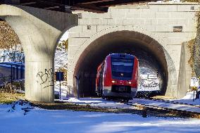 Deutsche Bahn Regional Train RE7 In Oberstaufen, Bavaria In Snowy Winter