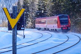 Deutsche Bahn Regional Train RE7 In Oberstaufen, Bavaria In Snowy Winter