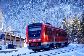 Deutsche Bahn Regional Train RE7 In Oberstaufen, Bavaria In Snowy Winter