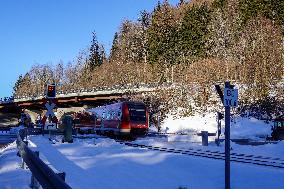 Deutsche Bahn Regional Train RE7 In Oberstaufen, Bavaria In Snowy Winter