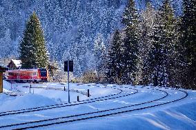 Deutsche Bahn Regional Train RE7 In Oberstaufen, Bavaria In Snowy Winter