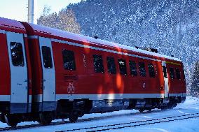 Deutsche Bahn Regional Train RE7 In Oberstaufen, Bavaria In Snowy Winter