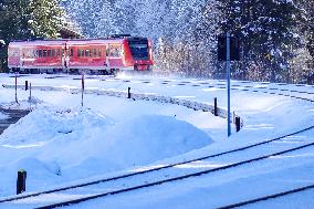 Deutsche Bahn Regional Train RE7 In Oberstaufen, Bavaria In Snowy Winter