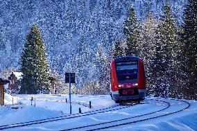 Deutsche Bahn Regional Train RE7 In Oberstaufen, Bavaria In Snowy Winter