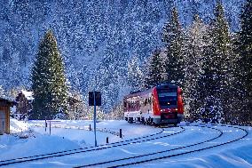 Deutsche Bahn Regional Train RE7 In Oberstaufen, Bavaria In Snowy Winter