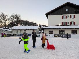 Children Ice Scating In The Bavarian City Oberstaufen