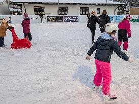 Children Ice Scating In The Bavarian City Oberstaufen