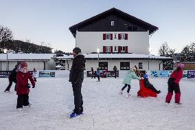 Children Ice Scating In The Bavarian City Oberstaufen