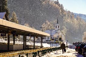 Passengers On A Platform Of Bavarian Train Station Oberstaufen