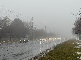 Cold And Rainy Foggy Morning In Toronto, Canada