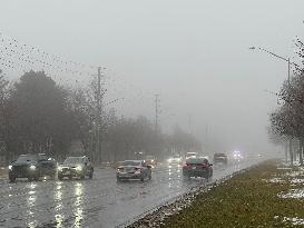 Cold And Rainy Foggy Morning In Toronto, Canada