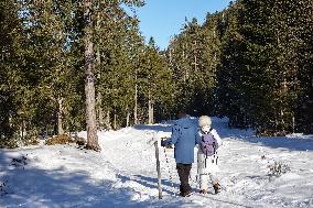 Winter Walkers In The Bavarian Municipality Kruen