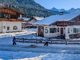 Winter Walkers In The Bavarian Municipality Kruen