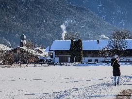 Winter Walkers In The Bavarian Municipality Kruen