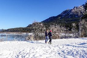 Winter Walkers In The Bavarian Municipality Kruen