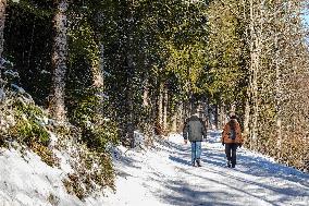 Winter Walkers In The Bavarian Municipality Kruen