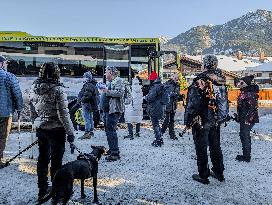 Hikers Boarding A Bus In Kruen