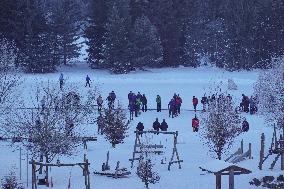 Traditional Ice Stock Sport In Bavaria