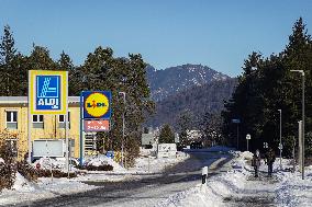 Supermarket Signs For Aldi And Lidl In A Small Municipality In The Upper Bavarian District Of Garmisch-Partenkirchen