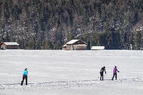 Skiing Exercises On Flat Terrain In The Bavarian Werdenfelser Land