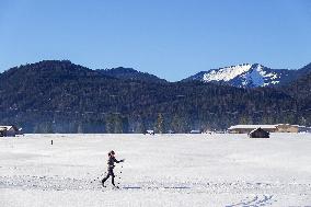 Skiing Exercises On Flat Terrain In The Bavarian Werdenfelser Land