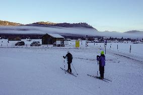 Skiing Exercises On Flat Terrain In The Bavarian Werdenfelser Land