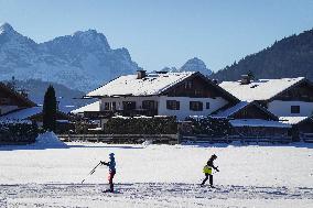 Skiing Exercises On Flat Terrain In The Bavarian Werdenfelser Land