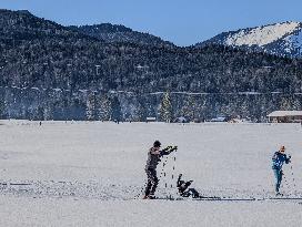 Skiing Exercises On Flat Terrain In The Bavarian Werdenfelser Land