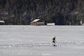 Skiing Exercises On Flat Terrain In The Bavarian Werdenfelser Land