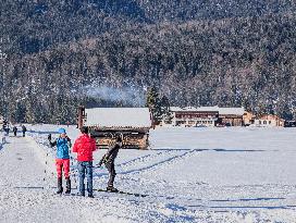 Skiing Exercises On Flat Terrain In The Bavarian Werdenfelser Land